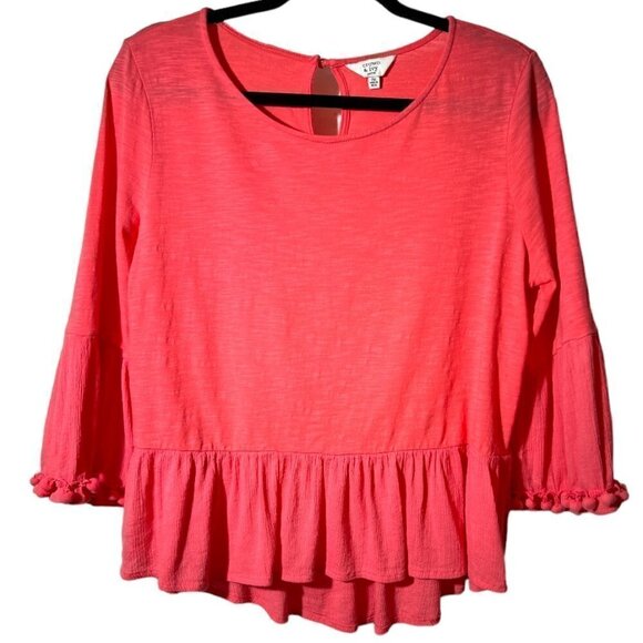 Crown & Ivy Coral Pink Peplum Ruffle Top with Pom Pom Bell Sleeve Trim  Size MP - Picture 1 of 8
